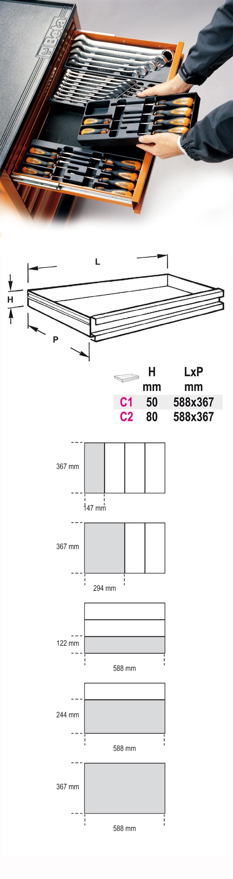 Termoformati rigidi in ABS portaminuterie in materiale plastico per tutti i modelli di cassettiere: RSC22, RSC23, RSC23C
